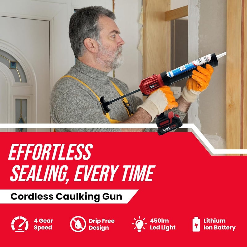 ProMaker Cordless Caulking Gun, 21V Caulk gun w/ 2 Batteries, LED Light, Adjustable Speed, 3 Nozzle Adapters, 5 Knife Heads, 10 Oz Capacity, 550Lb Pushing Force, Caulk Tool Trowel & Scraper - Image 2